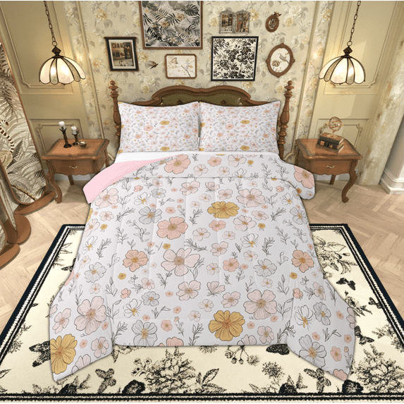 Manfei Western Garden Flower Queen Comforter Set, Rustic Farmhouse Bedding Sets, Teen Kid Adult Female Reversible Bedding Comforter Set, Microfiber Bedroom Decor, 3 Pieces