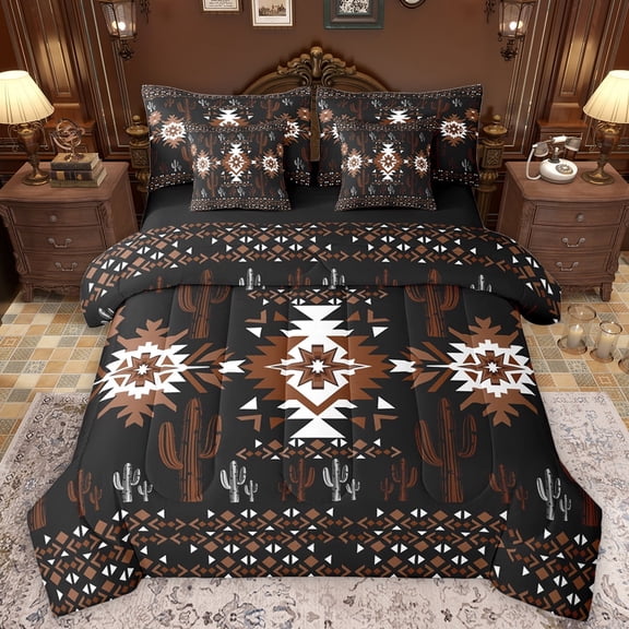 Manfei Western Hippie Aztec Bedding Comforter Set 7 Pieces for Adult, Rustic Bohemian Full Bedding Set, Black Brown Square Triangle Reversible Fitted Sheet Flat Sheet, Ultra Soft Bedroom Decor