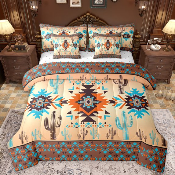 Manfei Western Hippie Aztec Bedding Comforter Set 7pcs for Adult, Rustic Bohemian King Bedding Sets, Wheat Brown Square Triangle Reversible Bed Sheets, Luxury Bedroom Decor