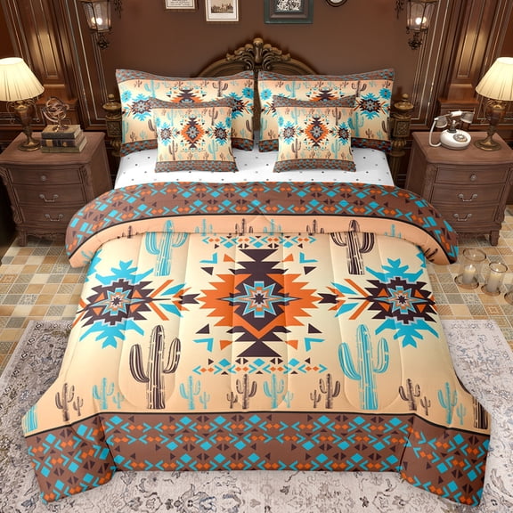 Manfei Western Hippie Aztec Bedding Comforter Set 7pcs for Adult, Rustic Bohemian King Bedding Sets, Wheat Brown Square Triangle Reversible Bed Sheets, Luxury Bedroom Decor