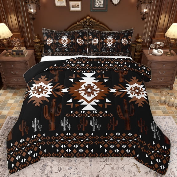 Manfei Western Hippie Aztec Queen Comforter Set for Adult, Rustic Bohemian Bedding Sets, Black Brown Square Triangle Reversible Bedding Comforter Set, Ultra Soft Bedroom Decor, 3pcs
