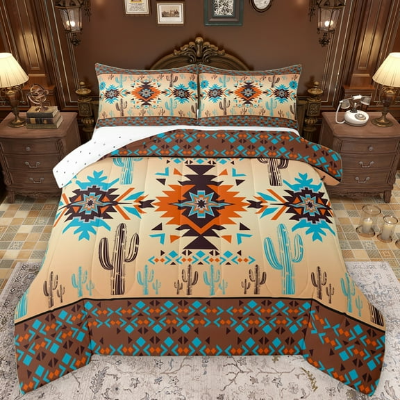 Manfei Western Hippie Aztec Queen Comforter Set for Adult, Rustic Bohemian Bedding Sets, Wheat Brown Square Triangle Reversible Bedding Comforter Set, Luxury Bedroom Decor, 3pcs