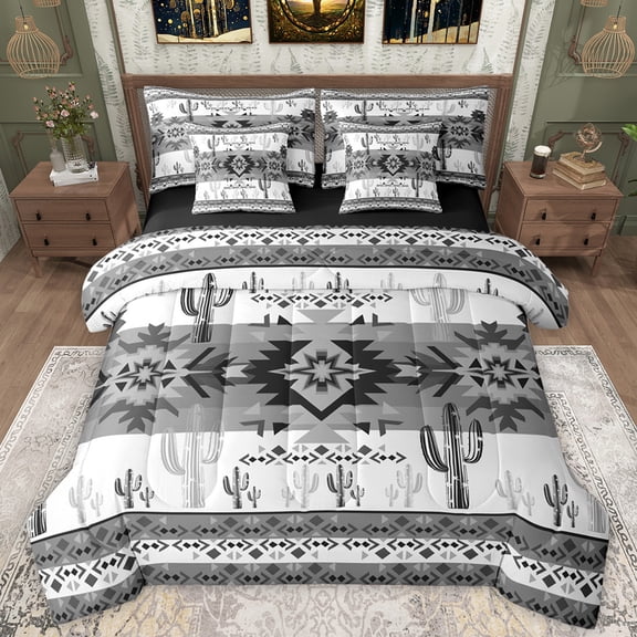 Manfei Western Hippie Aztec Twin Bedding Sets 7-Piece for Adult, Rustic Bohemian Bedding Comforter Set, Fashion Grey Square Triangle Reversible Sheet Sets, Luxury Bedroom Decor