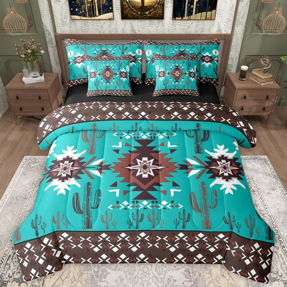 Manfei Western Hippie Aztec Twin Bedding Sets 7-Piece for Adult, Rustic Bohemian Bedding Comforter Set, Turquoise Square Triangle Reversible Sheet Sets, Ultra Soft Bedroom Decor