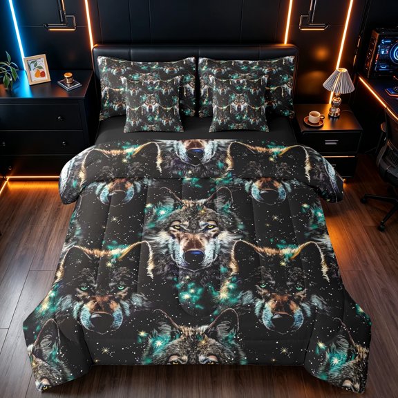 Manfei Western Hippie Wolf Full Size Bedding Sets, Rustic Wildlife Full Size Bed in a Bag, Black Gray, Black Reversible, 7-Piece