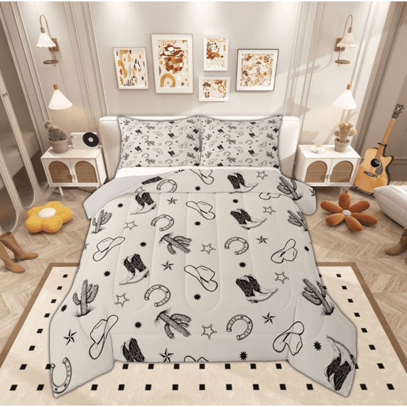 Manfei Western Horse Shoes Full Size Comforter Sets for Kids, Cowgirl Cowboy Bedding Comforter Set, Cartoon Cactus Reversible Bedding Sets, Super Cozy Room Decor, 3 Pieces