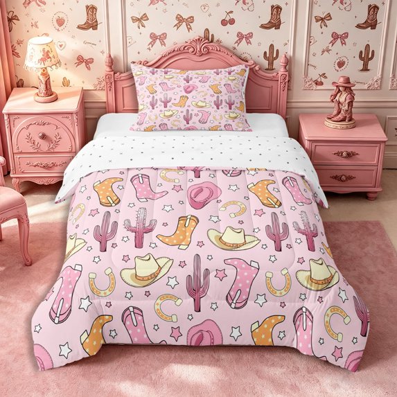 Manfei Western Kawaii Boots Hats Twin Comforter Sets 2pcs,Cute Cactus Horseshoe Bedding Set,Light Pink Peach,1 Comforter and 1 Pillowcase,Reversible