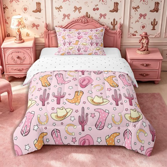Manfei Western Kawaii Boots Hats Twin Comforter Sets 2pcs,Cute Cactus Horseshoe Bedding Set,Light Pink Peach,1 Comforter and 1 Pillowcase,Reversible