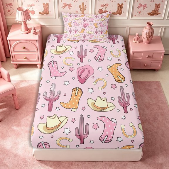 Manfei Western Kawaii Twin Fitted Sheet 2 Pieces,Light Pink Peach,1 Fitted Sheet and 1 Pillowcase