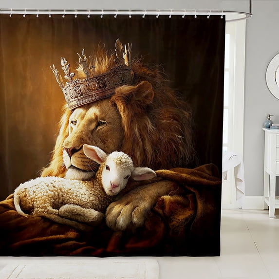 Manfei Western Lion Sheep Shower Curtain 72Wx72L, Kawaii Animal Print Bathroom Curtain, Dark Brown