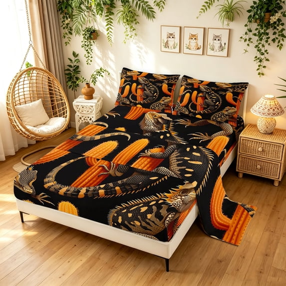 Manfei Western Lizard King Sheets, Vintage Cactus Plant Bedding, Dark Brown Orange, 4 Pieces, 1 Flat Sheet, 1 Fitted Sheet and 2 Pillowcases