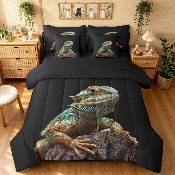 Manfei Western Lizard Twin Bedding, Woodland Animal Bedding Comforter Set, Black Brown, Black Reversible, 7-Piece