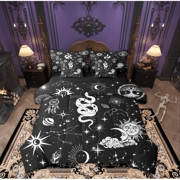 Manfei Western Magic Snake Bedding Comforter Set 7pcs, Tribal Bohemian Moon Sun King Bedding Sets, Hippie Mandala Style Reversible Bed Sheets, Luxury Bedroom Decor