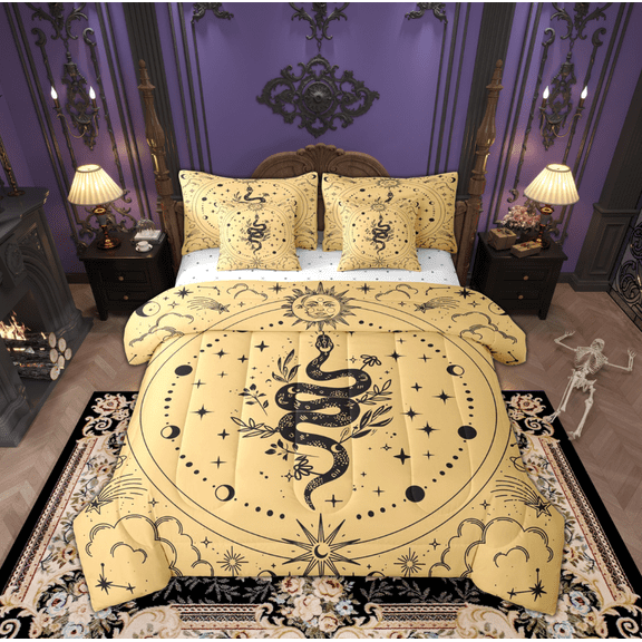 Manfei Western Magic Snake Bedding Comforter Set 7pcs, Tribal Bohemian Moon Sun Queen Bedding Sets, Hippie Mandala Style Reversible Queen Sheet Sets, Microfiber Bedroom Decor