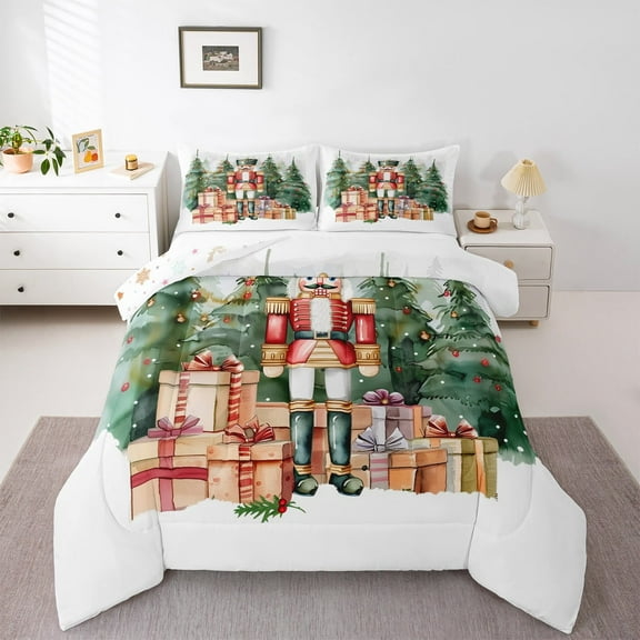 Manfei Western Nutcracker Soldier Bedding Comforter Set,Merry Christmas Twin Comforter Sets,Green Xmas Tree Bedding Set For Girls,,Microfiber Bedroom Decor Reversible,2 Pieces