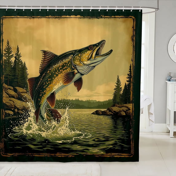 Manfei Western Pike Fish Shower Curtain 72Wx78L, Rustic Lake House Bath Curtain, Golden Gray