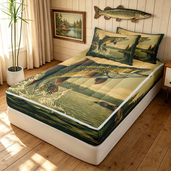 Manfei Western Pike Fish Zipper Twin Comforter Sets with Fitted Sheet and 2 Pillowcases, Rustic Lake House Zipper Bedding Set, Golden Gray, Black Reversible, 4pcs