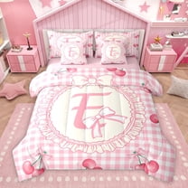 Manfei Western Princess Bowknot Twin Bedding Sets 7-Piece, Kawaii Pink Monogrammed E Bedding Comforter Set, Cartoon Cute Cherry Reversible Sheet Sets, Lightweight Room Decor