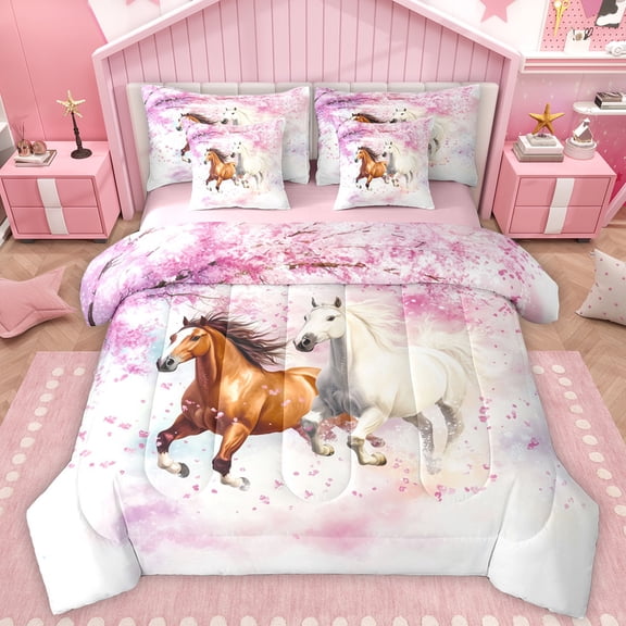 Manfei Western Racing Horse Bedding Comforter Set 7pcs for Adult, Western Rustic Animal King Bedding Sets, Romantic Blossoms Floral Reversible Bed Sheets, Super Cozy Room Decor