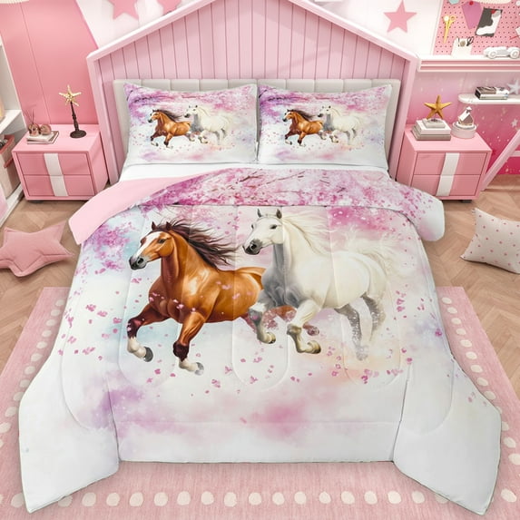 Manfei Western Racing Horse Bedding Comforter Set for Adult, Western Rustic Animal Twin Comforter Sets, Romantic Blossoms Floral Reversible Bedding Set, Super Cozy Room Decor, 2pcs
