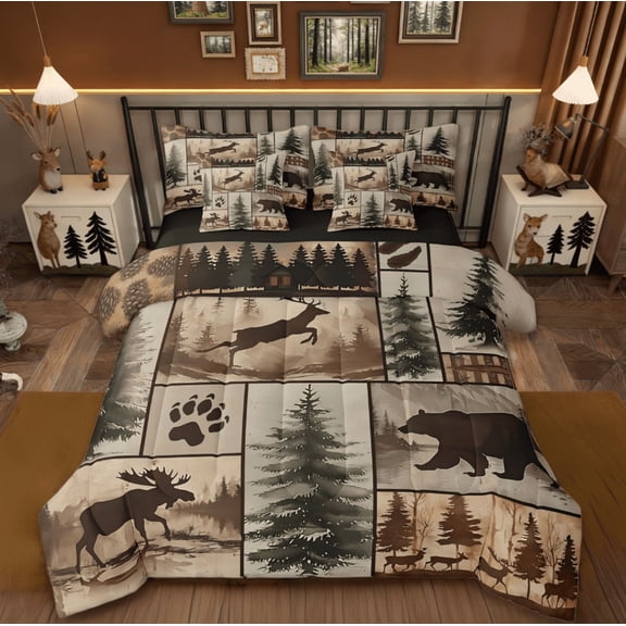 Manfei Western Rustic Bear 7pcs Bedding Comforter Set,Farmhouse Animal Deer Wildlife Hunting Queen Bedding Sets Reversible