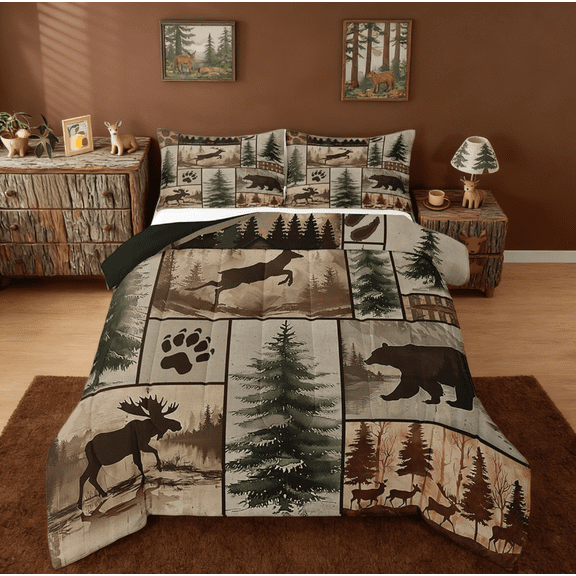 Manfei Western Rustic Bear Queen Comforter Set,Farmhouse Animal Deer Wildlife Hunting Bedding Comforter Set Reversible 3pcs