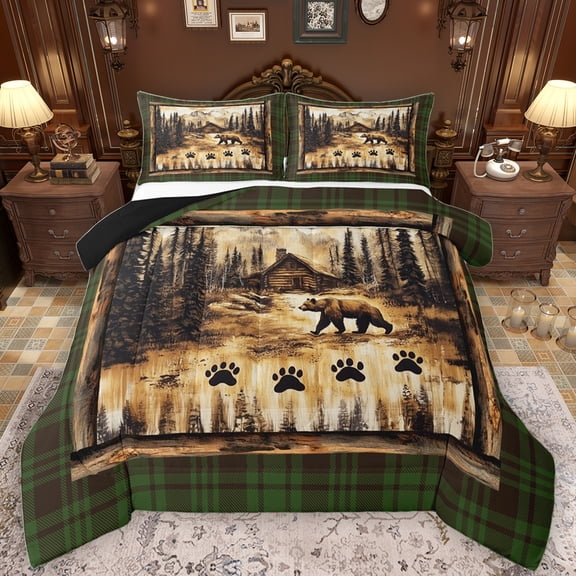 Manfei Western Rustic Cabin Full Size Comforter Sets, Jungle Bear Wildlife Bedding Comforter Set, Vintage Green Buffalo Reversible Bedding Sets, Ultra Soft Bedroom Decor, 3pcs