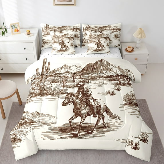 Manfei Western Rustic Farmhouse 7-Piece Twin Bedding Sets,Tropical Desert Cactus Bedding Comforter Set,Farm Animal Horse Sheet Sets For Men Women,Super Cozy Room Decor