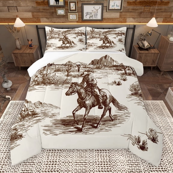 Manfei Western Rustic Farmhouse Full Size Comforter Sets,Tropical Desert Cactus Bedding Comforter Set,Farm Animal Horse Bedding Sets For Men Women,Super Cozy Room Decor,3 Pieces