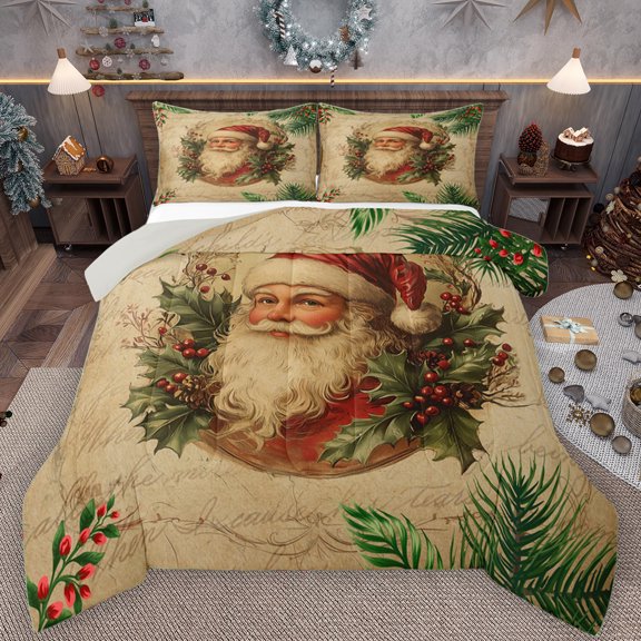 Manfei Western Santa Claus Bedding Comforter Set for Child, Winter Plant Botanical Twin Comforter Sets, Vintage Christmas Theme Reversible Bedding Set, Super Cozy Room Decor, 2-Piece