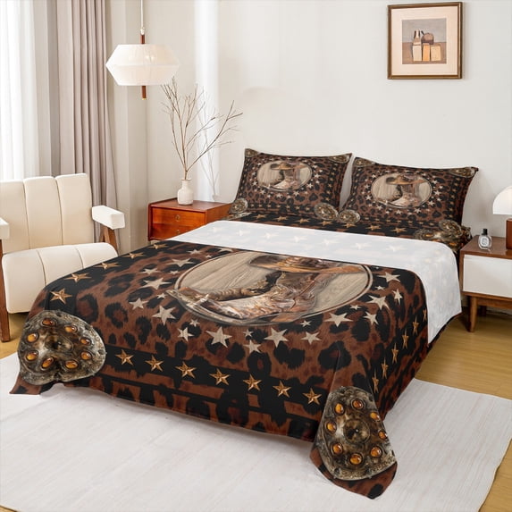 Manfei Western Shose Bed Sheets Set Queen Size, Texas Stars Bed Sheets Queen, Rustic Farmhouse Bedding Queen Size, Ultra Soft Bedroom Decor, 4 Pieces
