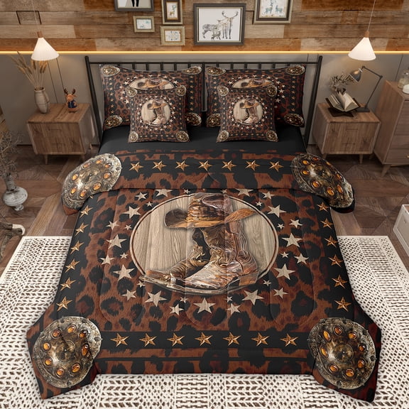 Manfei Western Shose Bed in a Bag Full size, Texas Stars Bed Set, Rustic Farmhouse Reversible Bedding Full Size, Ultra Soft Bedroom Decor, 7 Pieces