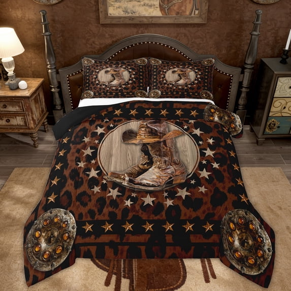 Manfei Western Shose Bedding Sets Full with Comforter, Texas Stars Comforter Sets Full Size, Rustic Farmhouse Reversible Down Comforter, Ultra Soft Bedroom Decor, 3 Pieces