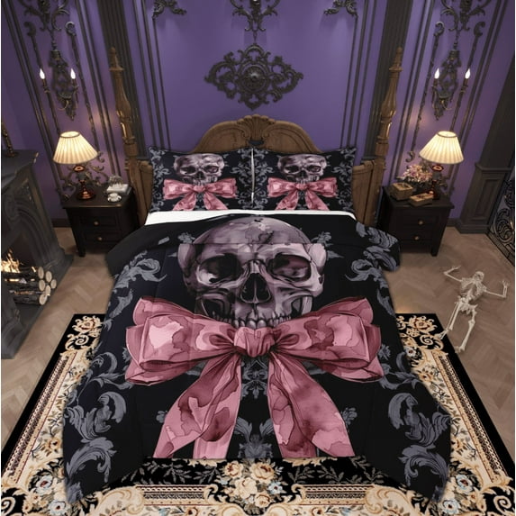 Manfei Western Skeleton Skull Full Size Comforter Sets, Vintage Princess Bowknot Bedding Comforter Set, Gothic Romantic Style Reversible Bedding Sets, Luxury Bedroom Decor, 3 Pieces