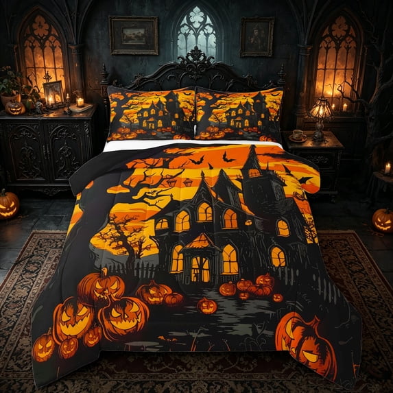 Manfei Western Spooky Haunted House Queen Comforter Set for Kids, Black Orange Halloween Theme Comforter Sets Queen, Black Reversible, 3pcs, 1 Comforter and 2 Pillowcases
