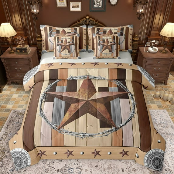 Manfei Western Texas Star Bedding Comforter Set 7pcs for Female Men,Rustic Cabin Queen Bedding Sets Super Cozy,Vintage Aesthetics Queen Sheet Sets,Luxury Bedroom Decor,Reversible