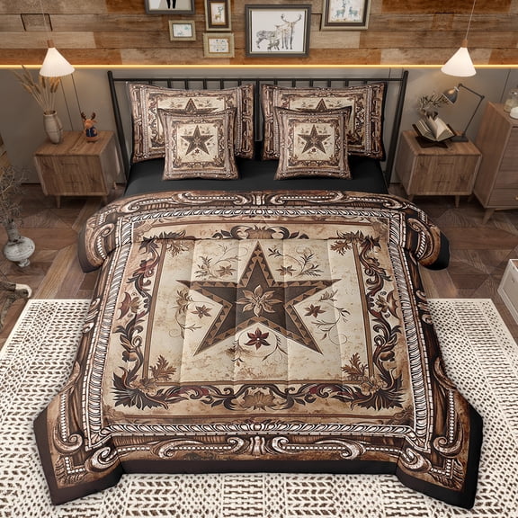 Manfei Western Texas Stars Bedding Full Size, Brown Damask Bedding Sets Full Size, Vintage Bohomian Reversible Comforter Sets with Sheets, Super Cozy Room Decor, 7pcs