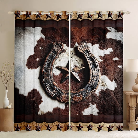 Manfei Western Texas Stars Black Out Curtains, Tribal Cow Print Curtains Pack of 2 (42x63 Each), Hippie Rustic Farmhouse Bedroom Curtains, Window Curtains Home Decor