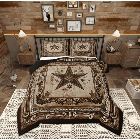 Manfei Western Texas Stars Comforter Sets Full Size, Brown Damask Comforters & Duvets, Vintage Bohomian Reversible Bedding Full Comforter Set, Super Cozy Room Decor, 3pcs