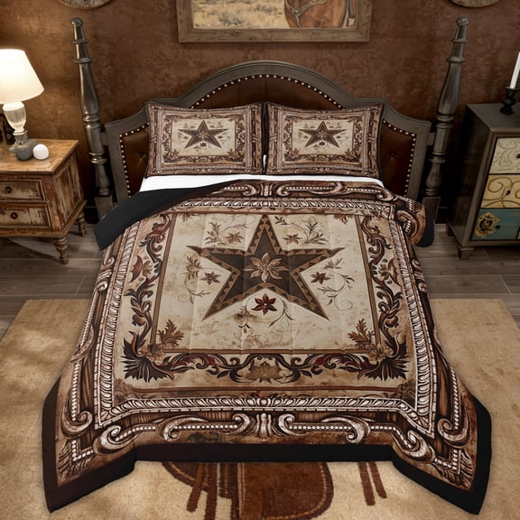 Manfei Western Texas Stars Comforter Sets Full Size, Brown Damask Comforters & Duvets, Vintage Bohomian Reversible Bedding Full Comforter Set, Super Cozy Room Decor, 3pcs