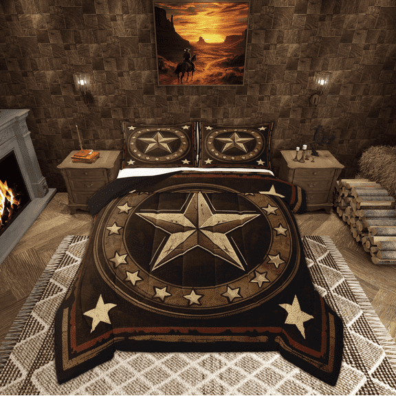 Manfei Western Texas Stars Comforter Sets Queen Size, Cowboy Cowgirl Down Comforter, Rustic Farmhouse Reversible Bedding Queen Comforter Set, Microfiber Bedroom Decorative, 3pcs