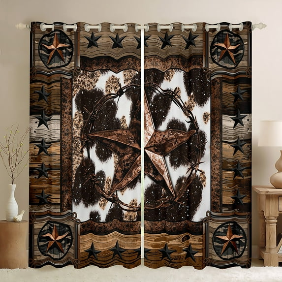 Manfei Western Texas Stars Curtains for Living Room, Brown Cow Print Blackout Curtains for Bedroom, Countryside Curtains Pack of 2 (38x45), Window Curtains Room Decorative