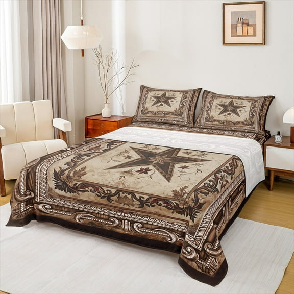 Manfei Western Texas Stars Queen Sheet Sets, Brown Damask Sheet Set Queen, Vintage Bohomian Bed Sheets Set Queen Size, Super Cozy Room Decor, 4pcs