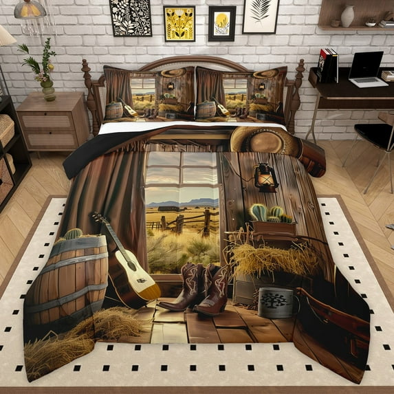 Manfei Western Theme 2pcs Bedding Comforter Set for Female Men,Music Guitar Twin Comforter Sets,Rustic Retro Farmhouse Breathable Bedding Set,Luxury Bedroom Decor,Reversible