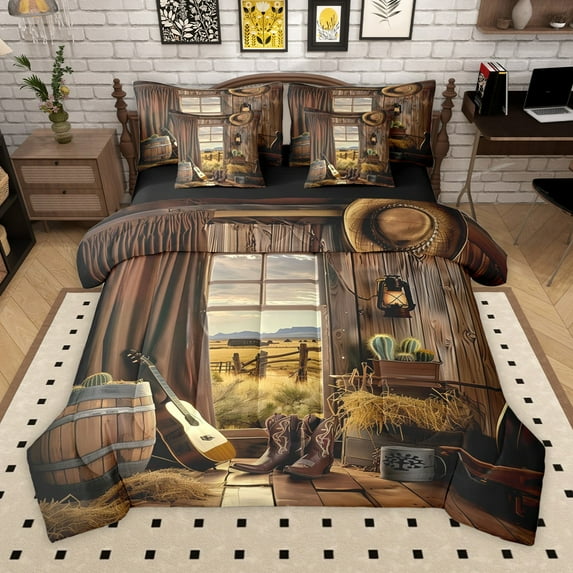 Manfei Western Theme 7-Piece Bedding Comforter Set for Female Men,Music Guitar King Bedding Sets,Rustic Retro Farmhouse Ultra Soft Bed Sheets,Luxury Bedroom Decor,Reversible