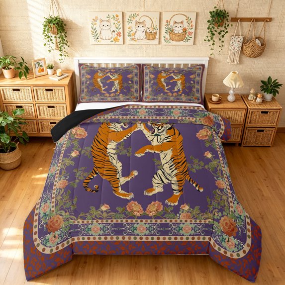 Manfei Western Tiger Queen Comforter Set, Boho Botanical Leaf Comforter Sets Queen, Brown Purple, Black Reversible, 3pcs, 1 Comforter and 2 Pillowcases