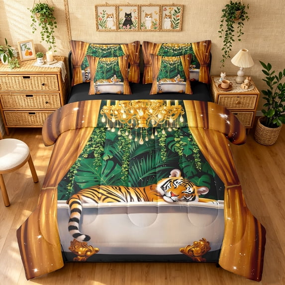 Manfei Western Tiger Twin Bedding, Tribal Wildlife Bedding Comforter Set, Tan Dark Green, Black Reversible, 7pcs