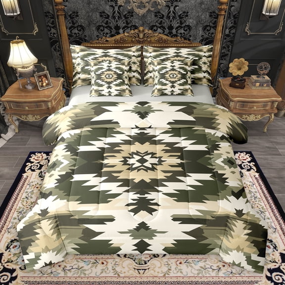 Manfei Western Tribal 7-Piece Bedding Comforter Set,Rustic Aztec King Bedding Sets,Green Beige Bed Sheets For Girls Boys,Microfiber Bedroom Decor Reversible