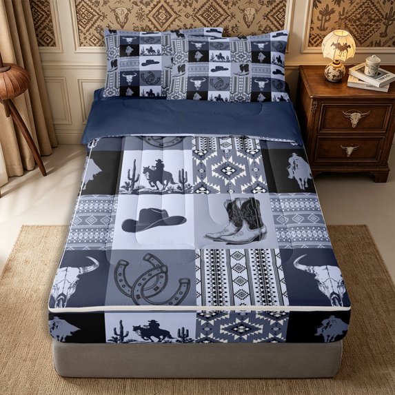 Manfei Western Tribal Aztec Zipper Queen Comforter Set with Fitted Sheet and 2 Pillowcases,Southwestern Cowboy Boots Hat Zipper Bedding Set,Light Blue Navy,Reversible