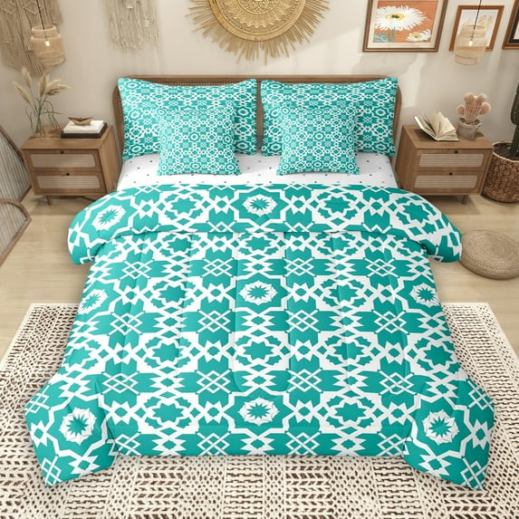 Manfei Western Tribal Bohemian 7-Piece Twin Bedding Sets, Vintage Cyan Mandala Bedding Comforter Set, Simple French Style Reversible Sheet Sets, Luxury Bedroom Decor